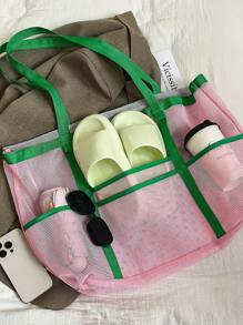 1pc gewatteerde open-top gesloten mesh strandtas, grote capaciteit reisvakantie opbergtas, draagbare opvouwbare zwemsportschool opbergtas, geperforeerde reis mesh tas, opbergtas voor badspeelgoed