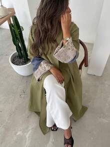 1pc Elegant Multi-Color Embroidered Women's Dress, Featuring Embroidery Patterns And Patchwork Sleeve Cuffs, Boho-Inspired Color Combination. Vintage Arabic Style Maxi Dress, Suitable For Daily Wear, Parties, Festivals Or Traveling. - Olive Green - View 3
