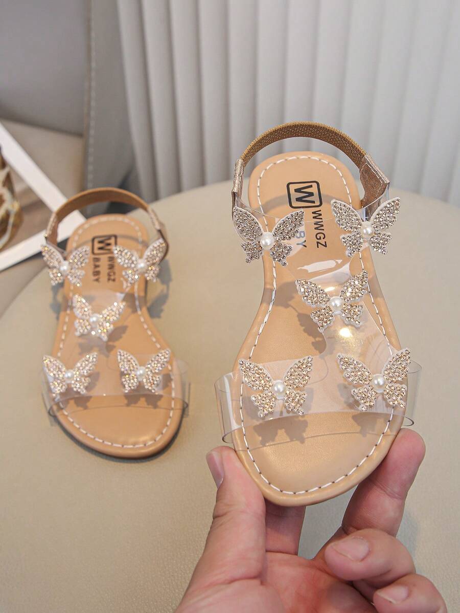1 Đôi giày sandal đế bằng đính đá lấp lánh thời trang cho bé gái, phong cách tiên nữ, thích hợp mặc vào mùa hè - Rượu sâm banh - Xem 1