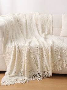 1pc Solid Color Bedspread, American Style Tasseled Acrylic Rectangular Blanket, Knitted Throw Blanket For Office Nap, Sofa Cover - Beige - View 2