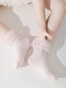 1 Pair Girls Lace Hollow Out Breathable Ruffle Socks, Suitable For Infant Girls And Baby Dress Up