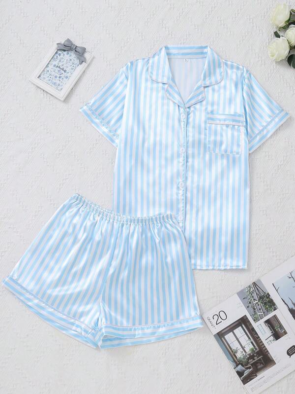2 pezzi set pigiama donna, a righe blu e bianco, in seta morbida, camicia scollo a V con bottoni, pantaloncini in vita elastica, morbido e comodo, elegante e alla moda, adatto anche come abbigliamento esterno, ideale per infermiere, set da camera