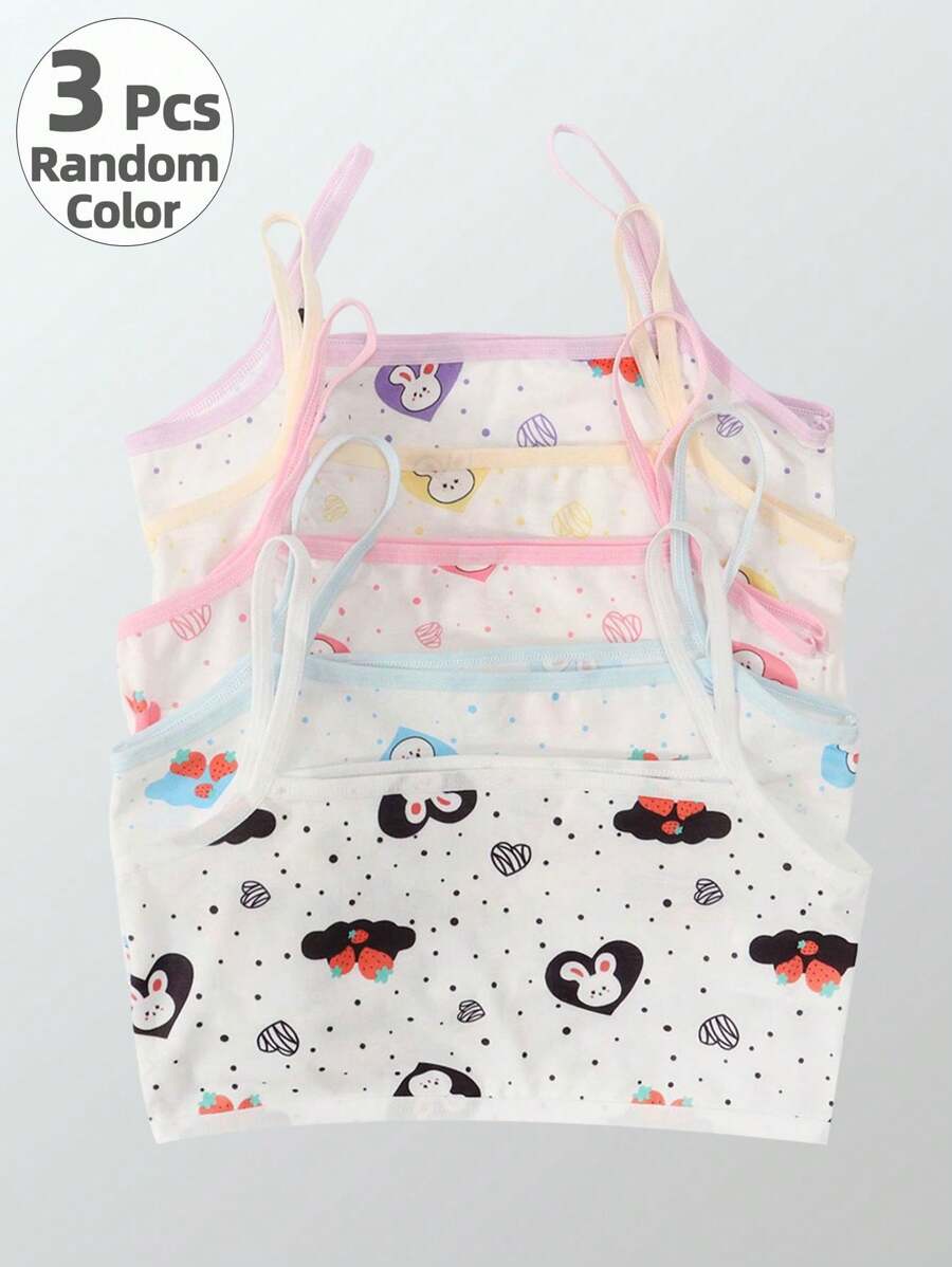 3 peças de cor aleatória Tween Girl Cute Cartoon Bunny Print Camisole Vests, coletes camisola íntimos leves para adolescentes, primavera/verão