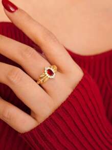 1 pieza Anillo de plata de ley S925 con granate rojo micro-incrustado, elegante, regalo de lujo para mujeres en bodas