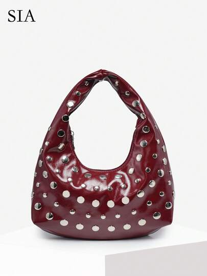 1pc Women's Retro Punk Boho Style Ocean Decor Beach Bag, Crocheted Rivet Oilcloth Faux Leather Large Capacity Shoulder Crescent Bag, Suitable For Outings, Parties, And Daily Wear, Halloween Purse Perfect For Fancy Party Halloween Fashion & Gothic Fashion