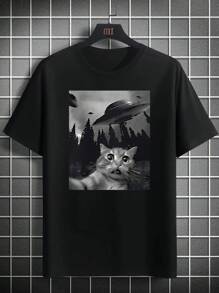 1 x Camiseta informal de cuello redondo para hombre con estampado de nave espacial extraterrestre y gato, camiseta informal de cuello redondo de manga corta de 220 g de algodón 100 % grueso - Negro - Ver 1