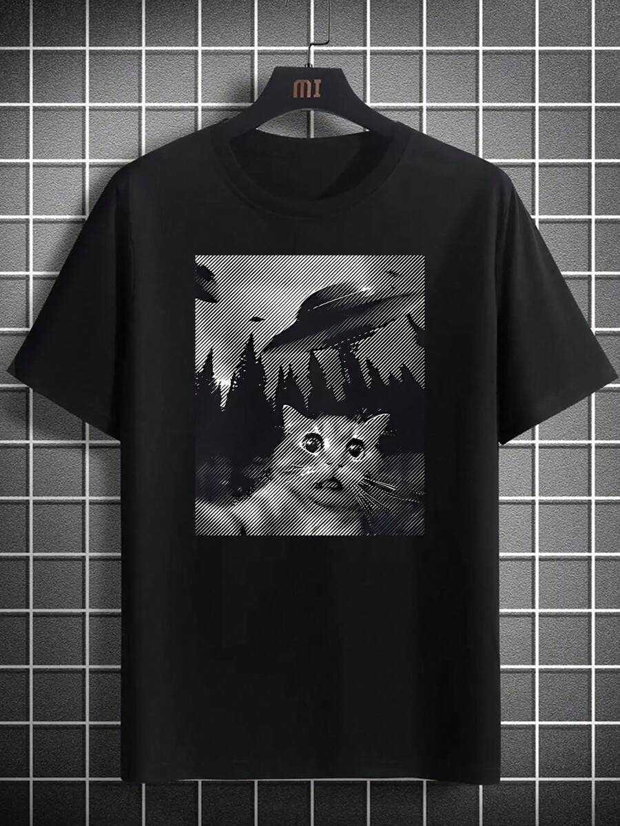 1 x Camiseta informal de cuello redondo para hombre con estampado de nave espacial extraterrestre y gato, camiseta informal de cuello redondo de manga corta de 220 g de algodón 100 % grueso - Negro - Ver 1