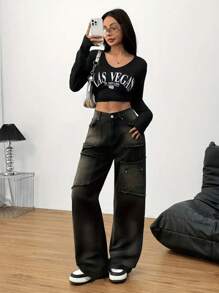 IDYLLIC Washed Denim Pants, Mid-Rise, Loose Fit, Elastic Waist, Made Of Soft And Comfortable Fabric. Women's Cargo Jeans. - 黑色 - 查看 2