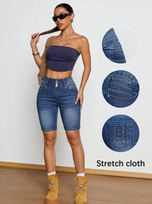 Calça Capri Denim Casual Feminina de Cintura Elástica com Bolsos, Adequada para Uso Diário