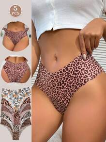 Set de 5 bragas de bikini de corte bajo y sin costuras con estampado de leopardo sexy para mujeres, cómodo y transpirable para ejercicio y deportes