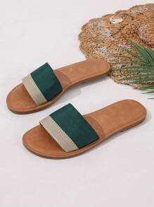 2025 Women's Summer Striped Slip-On Casual Open Toe Shoes With Faux Leather Sole And PU Flat Platform - Dark Green - View 6