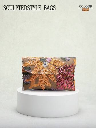 1 件 Sculptedstyle 彩色 PVC 亮片花卉、网眼、刺绣叶子图案亚麻信封手拿包，适合晚会、休闲、节日派对（花卉图案随机）
