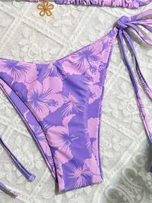 Swim Mod Floral Print Halter Neck Crop Tank Top And Side Tie Bikini Set, Summer Beach Vacation - 紫色 - 查看 3