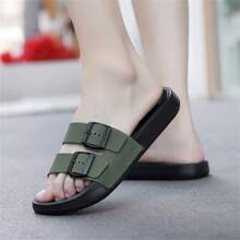 男士时尚百搭双带扣厚底柔软舒适家居拖鞋，户外男士休闲凉拖鞋，沙滩拖鞋，简约纯色大码男士拖鞋 - 綠色 - 查看 11