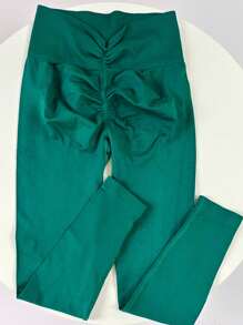 无缝高腰健身瑜伽提臀蜜桃臀七分裤，V型腰部紧身裤 - 墨綠色 - 查看 6