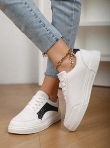 New Casual Simple Fashion Comfy PU Leather Low-Top Lace-Up Flat Skateboard Sneakers, Anti-Slip Shock-Absorbing Sports Shoes For Teenage Girls & Students, Suitable For Outdoor Activities And Daily Wear
