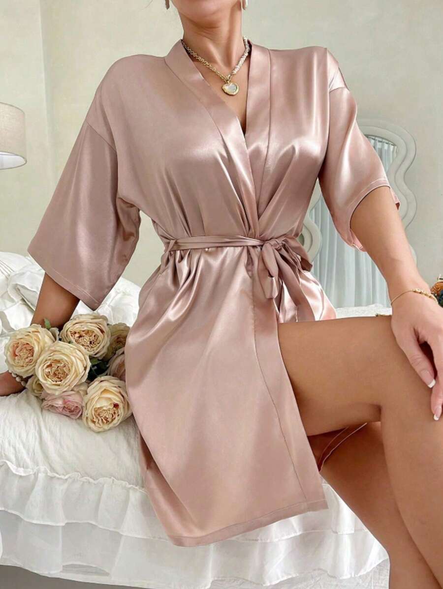 1 pezzo Accappatoio corto a maniche corte da donna, adatto per primavera ed estate, abbigliamento da casa, accappatoio corto tinta unita da donna - adatto per primavera, estate, casa, hotel e uso per feste, inverno