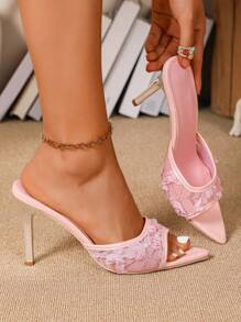 女士粉色花卉网眼高跟凉鞋时尚尖头高跟鞋时尚电镀透气一脚蹬高跟鞋