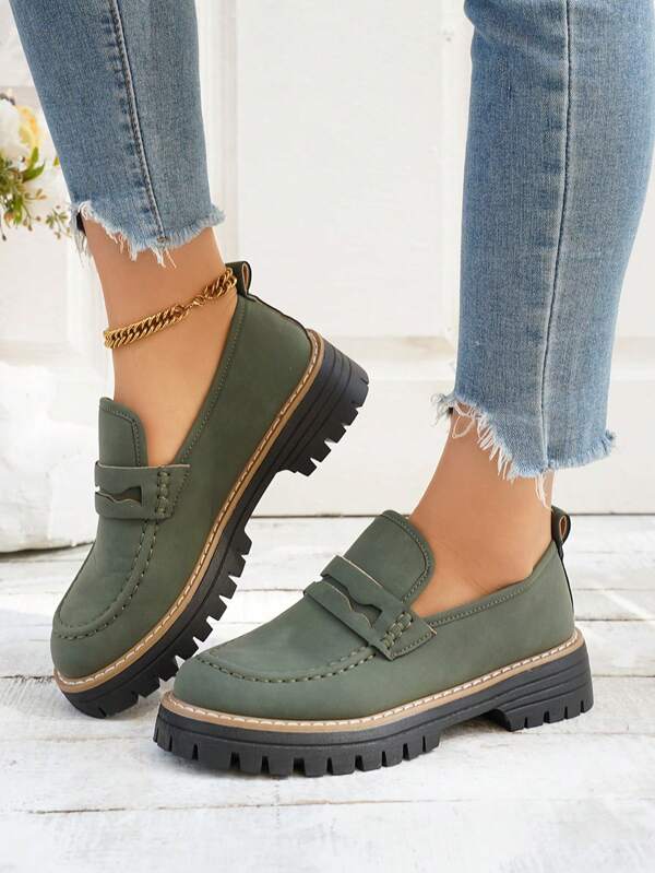 New Women Loafers, Vintage British Style Chunky Heel Soft Bottom Flats, Lightweight Comfortable Non-Tiring, Elegant Fashion Work Shoes, Slip-On Commuting Flats