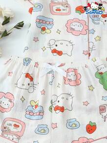 2 件套女士 Sanrio Hello Kitty 印花 Polo 领短袖纽扣口袋上衣和蝴蝶结短裤睡衣套装，适合家居服，春夏季 - 杏色 - 查看 5