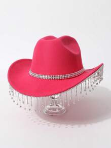 1pc Women's Solid Color Teardrop Rhinestone Tassel Western Cowboy Hat, Casual Travel, Party, Wedding, Celebration, Jazz Hat, Felt Hat, Gift, Dancing, Celebration