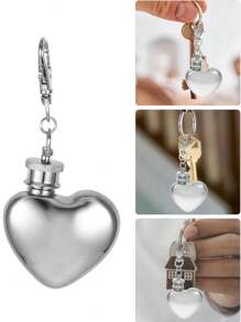 1 Pc Stainless Steel Silver Heart Shaped Travel Water Bottle, Key Chain Detachable Dispenser, Ideal For Travel, Picnic, Restaurant, Party, Birthday Gift