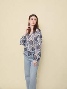 Camicia da donna con bottoni frontali, maniche lunghe, semplice e casual, alla moda, con stampa a linee metalliche versatile - Blu - Visualizzare 4