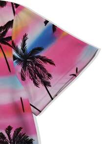1pc Plus Size Men's Polo Collar Shirt, Casual Golf Sports Tie Collar Shirt With Coconut Tree Print, Short Sleeve, Knitted Fabric, Slightly Stretchy, Regular Fit, Suitable For Beach Vacation, Everyday Outdoor