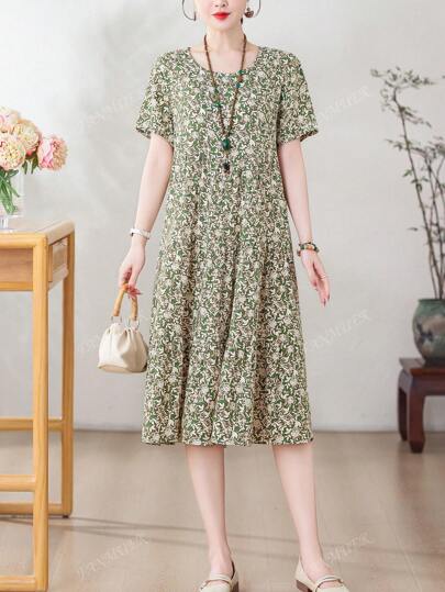 New Casual Loose Floral Print Mid-Length Dress For Women, Summer