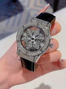 1 件時尚女式手錶,透明背面,鑽石鑲嵌,可旋轉星空錶盤,雪花圖案,不銹鋼錶殼,白色皮革錶帶,防水石英手錶,非常適合女士約會禮物和日常佩戴