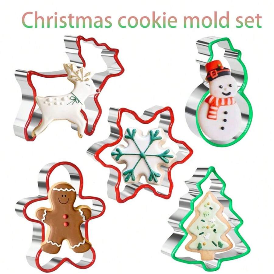 5pcs Stainless Steel Christmas Cookie Cutter Set - Gingerbread Man, Snowflake, Santa Face, Christmas Tree And Reindeer Shapes With Soft PVC Edges