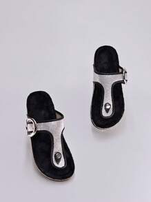 roulvxiang New Classic Black Flip Flop Slippers, Casual For Home, Vacation, Beach, Vintage Rhinestone Sequin Soft Cushion Ladies Shoes - Silver - View 6