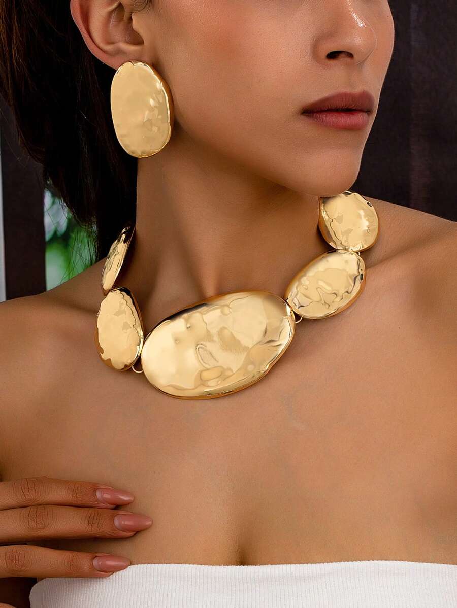 Bộ 3 chiếc/Bộ Bông tai vòng cổ kim loại hình elip bất đối xứng cỡ lớn sang trọng phong cách Punk phóng đại, phù hợp với trang phục hàng ngày của phụ nữ - Vàng - Xem 1