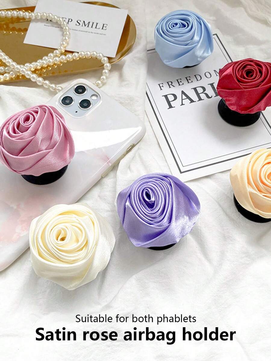 1 件缎玫瑰花充气手机支架，可折叠靠垫手机支架 - 彩色 - 查看 1