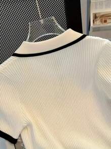 女士 Polo 领短袖撞色休闲针织上衣 - 白色 - 查看 3