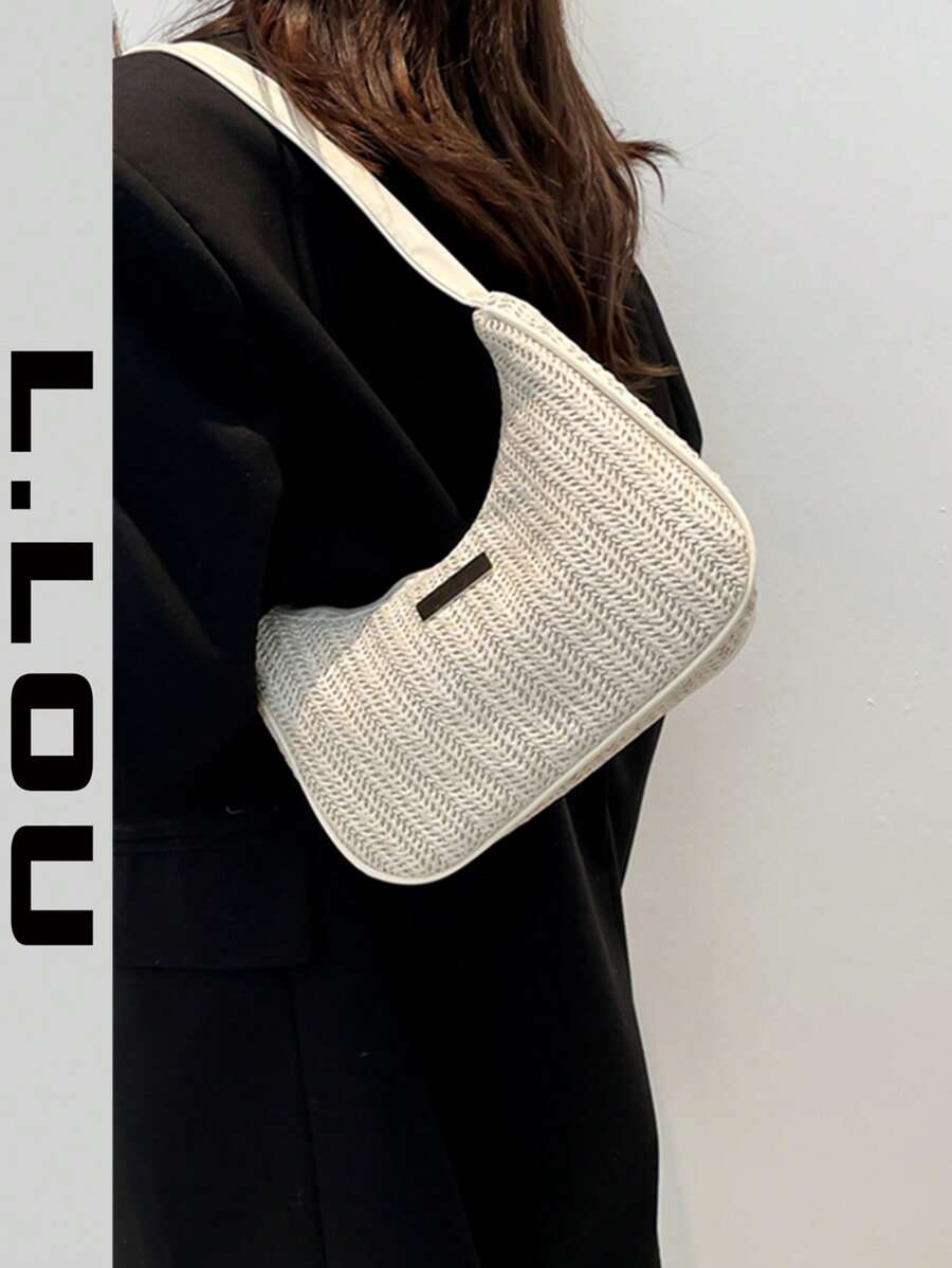 New Spring/Summer Straw Shoulder Bag, Underarm Baguette Bag, Versatile Crossbody Bag, Crescent Moon Bag, Suitable For Vacation, Beach, Casual Straw Bag, Commuting Bag - Beige - View 1