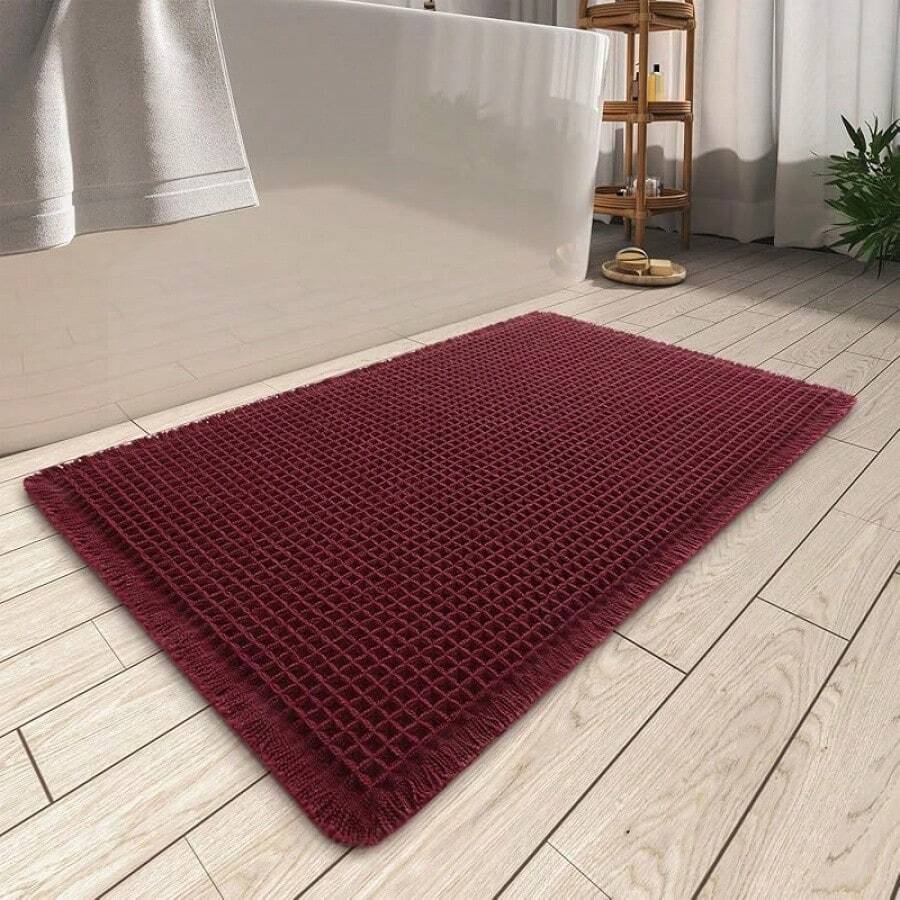 AMOAMI Upgraded Waffle Bath Mat, Super Absorbent Non Slip Bath Mats For Bathroom Floor, Machine Washable Bathroom Rugs With Tassels, Rubber Backed Bathroom Mats, Ultra Soft, 17" X 24", Brown