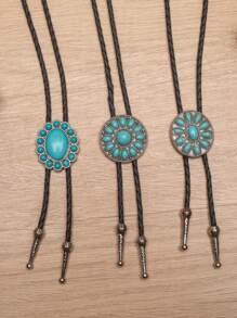 3pcs Western Style Fashionable Bolo Tie String Turquoise Long Pendant Necklace, Suitable For Daily Wear, Gifts, And Vacations
