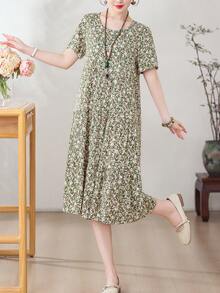 Nuevo vestido de longitud media con estampado floral holgado y casual para mujer, de verano