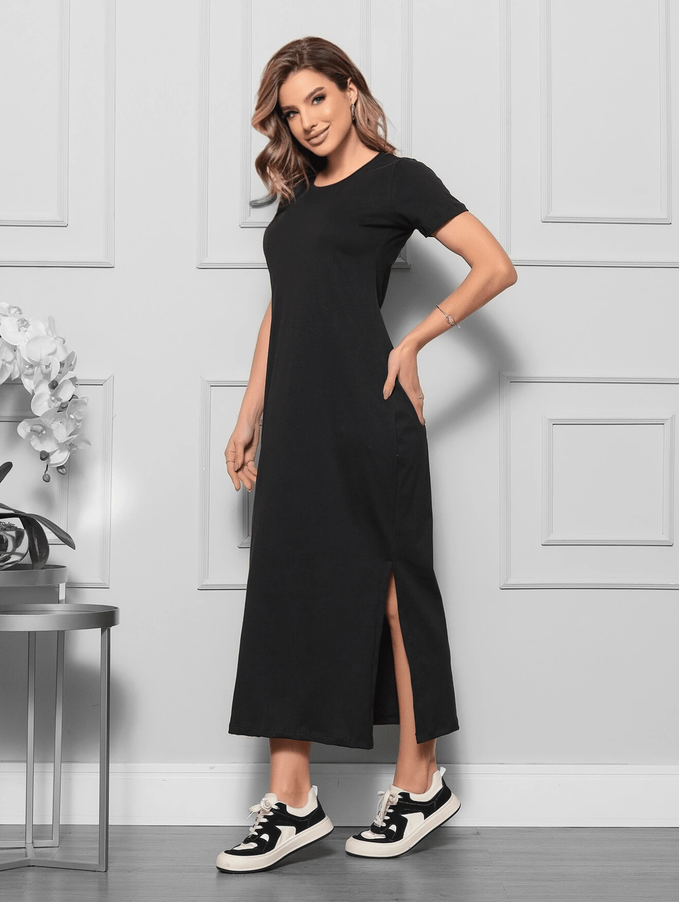 Casual Long Dress 100% Cotton Side Slit - 黑色 - 查看 1