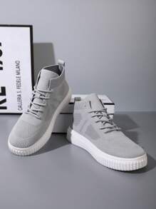 Men's High-Top Casual Sneakers With Breathable Knit Upper, Streetwear Style, Suitable For All Seasons