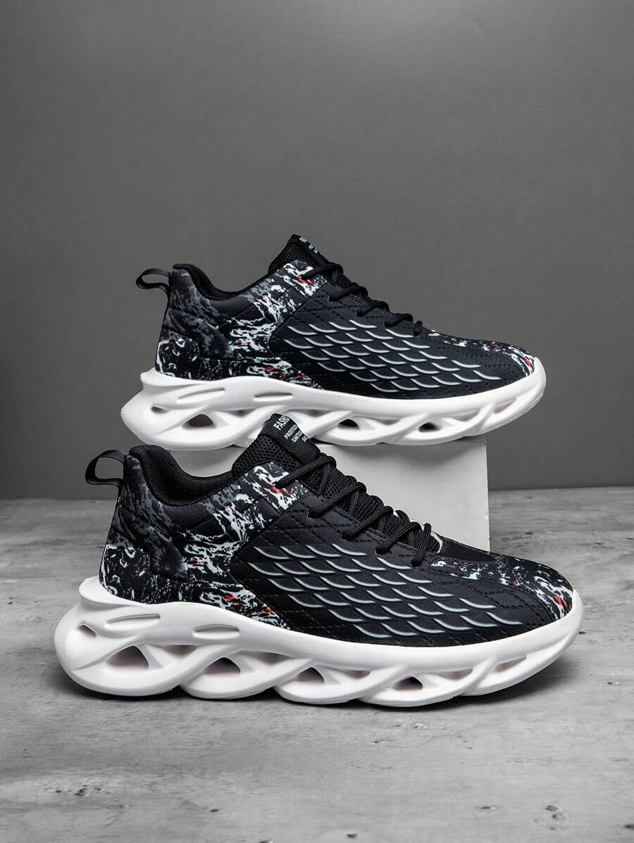 1 Pair Black Random Splash Ink + Embossed Fish Scale Pattern Cloth Men's Low-Top Hollow Outsole Casual Commute Artistic Sports Shoes - 黑色 - 查看 1