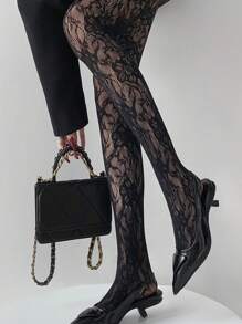 新款复古法式玫瑰花卉图案渔网连裤袜，镂空性感黑色渔网长袜，适合搭配连衣裙，圣诞礼物之选