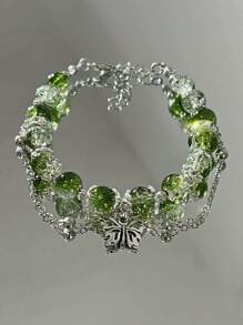 1pc Spring Inspired Unique Green Crackle Glass Beads Butterfly Pendant Bracelet, Perfect Gift For Her - Green - View 2