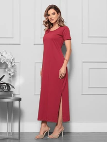 Casual Long Dress 100% Cotton Side Slit - 酒紅色 - 查看 3
