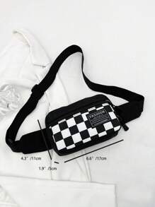 男士纯色帆布面料黑白格子休闲运动斜挎包，百搭简约设计手机袋和零钱包 - 黑與白 - 查看 5