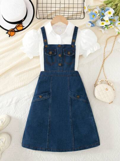 Spring/Summer Casual Fashion Girls Denim Pinafore Dress, Blue Washed Denim Pockets & Antique Bronze Buckle Design, Suitable For Girl's Daily, Casual, Holiday Outfit