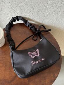 Perfect Gift For Mom'S Birthday, Anniversary Or Mother'S Day.A Simple And Fashionable Girl'S Shoulder Underarm Bag, Crescent Bag, Pleated Hand-Held Butterfly Embroidery Print Lightweight Large Capacity Zipper Closed Shoulder Bag, Customized Personalized Name Or Holiday Message. - Shoulder Bag - View 4