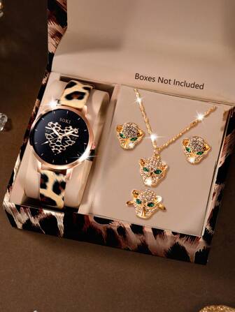 SOKI SOKI 1 Set Women's Watch With Leopard Print PU Strap Quartz Watch, Leopard Head Pendant Necklace, Earrings, Ring Jewelry Set, Fashionable & Unique, Suitable For Daily Wear, Birthday Gift, Party, Holiday Gathering, Ideal Gift For Yourself Or Friends. No Packaging Box Included.