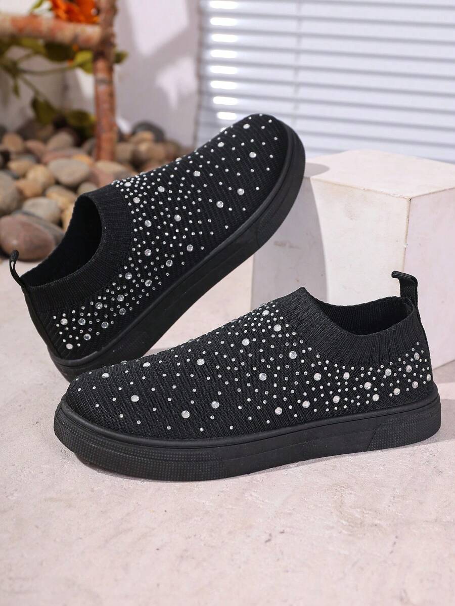 1 Pair Fashion Rhinestone-Decorated Sneakers For Teenage Girls, Soft Fabric Upper, Comfy Lining, Non-Slip Rubber Sole, Suitable For Fashionable Streetwear & Outdoor Sports - Black - View 1